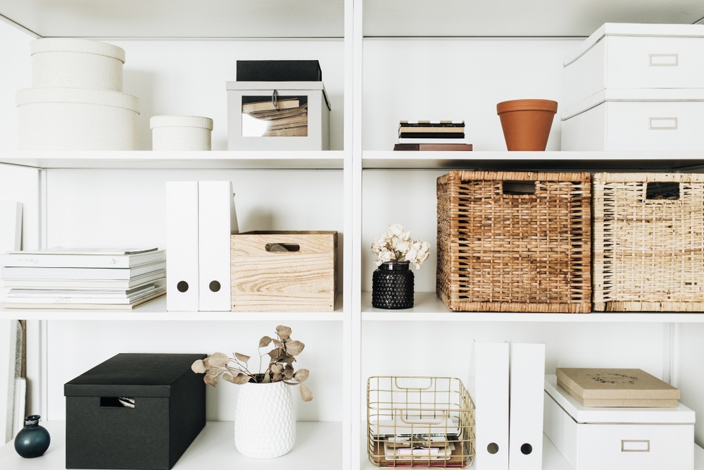 Stylish storage baskets and boxes for open shelving